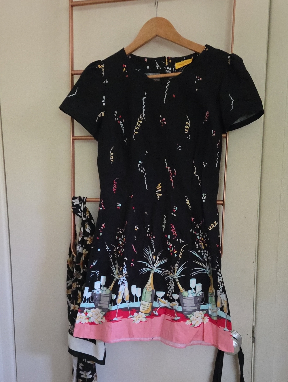 Bernie Dexter Mini Black New Year's Eve Party Print Dress with Pink Border